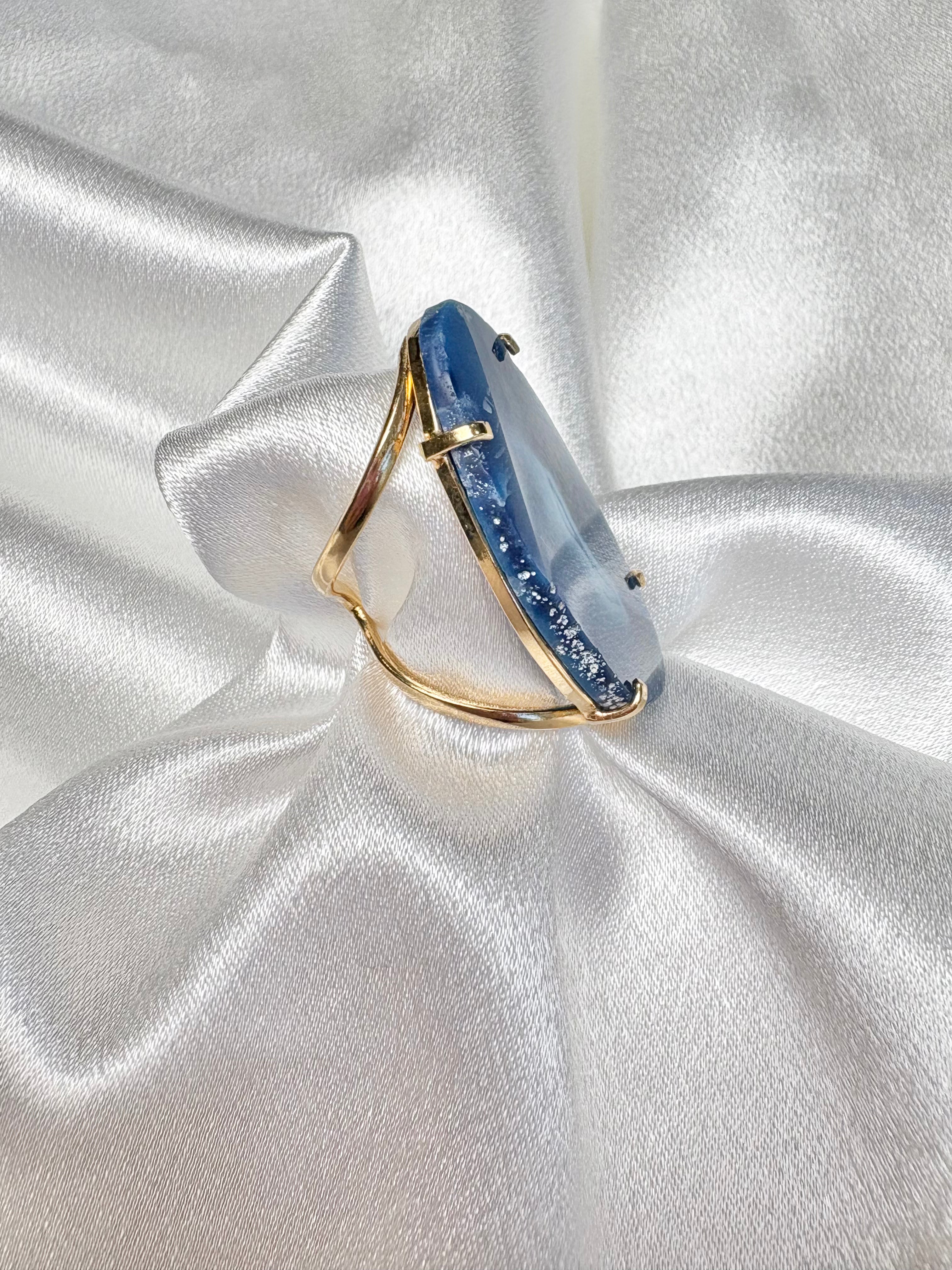 side view of statement blue agate ring natural stone on gold plated adjustable band AquaBrasil jewelry