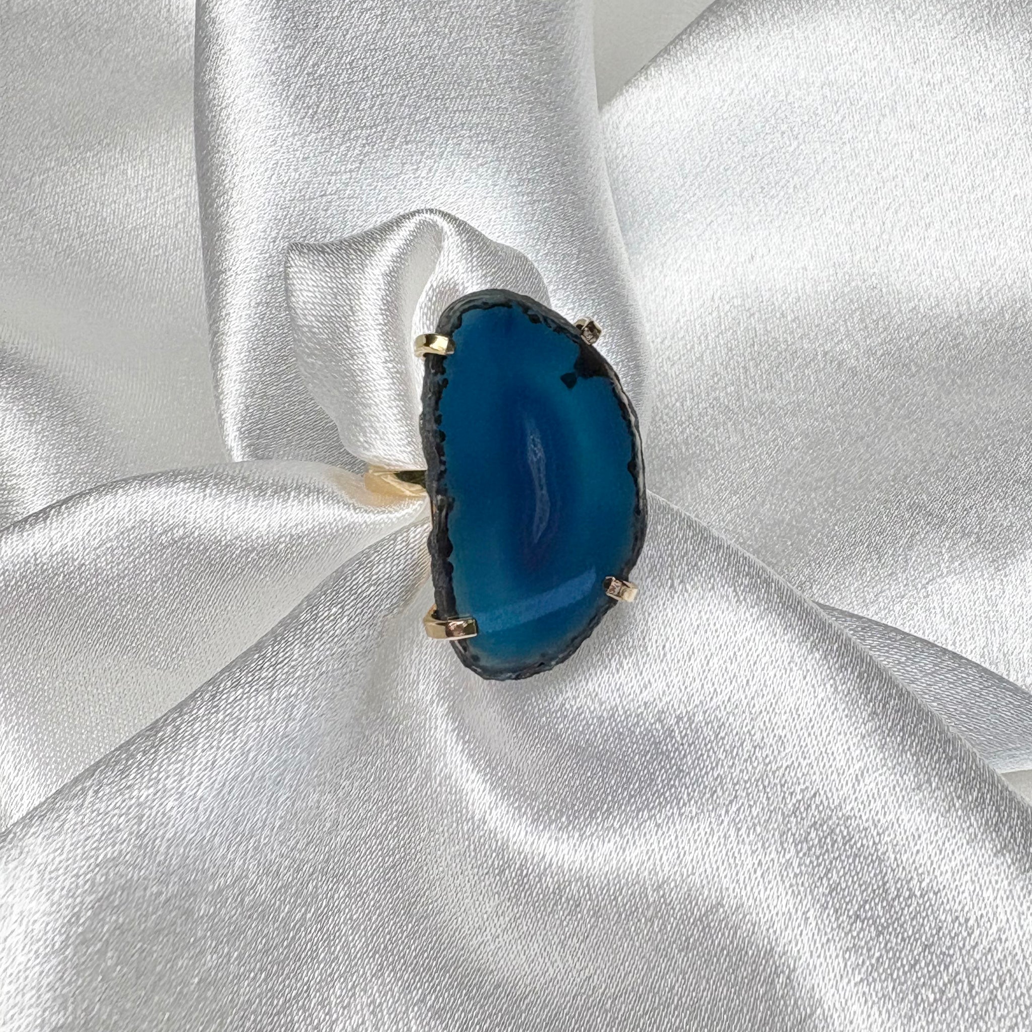 blue agate ring with smaller natural agate plate on 18k gold plated adjustable band handcrafted by AquaBrasil