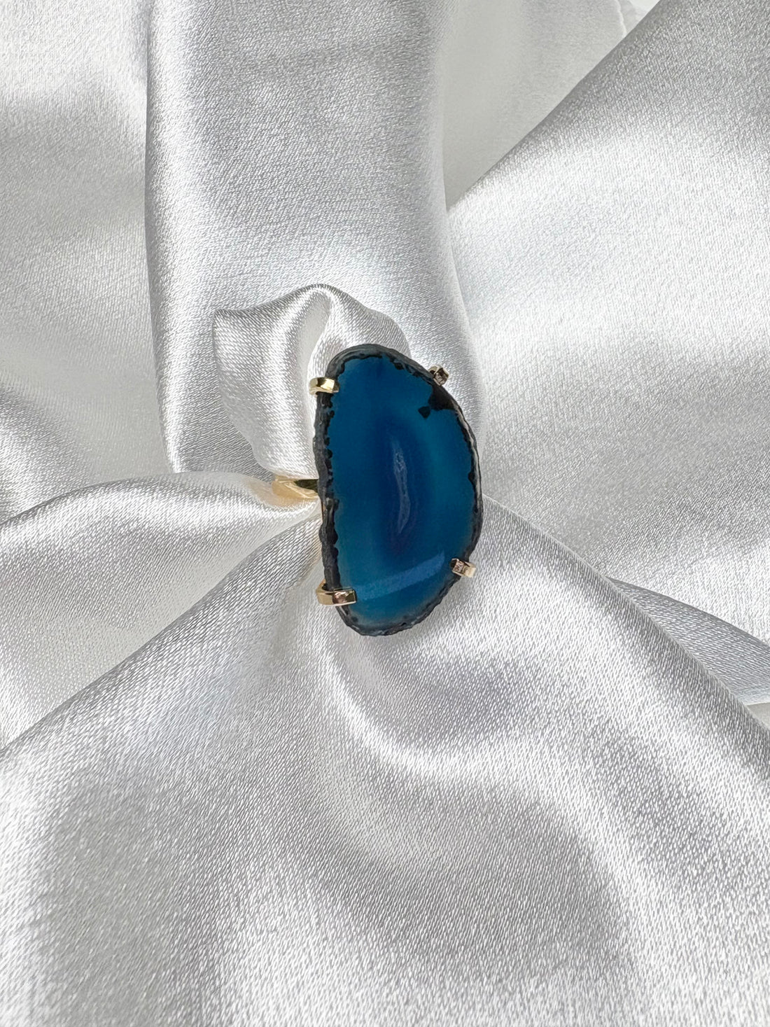 blue agate ring with smaller natural agate plate on 18k gold plated adjustable band handcrafted by AquaBrasil