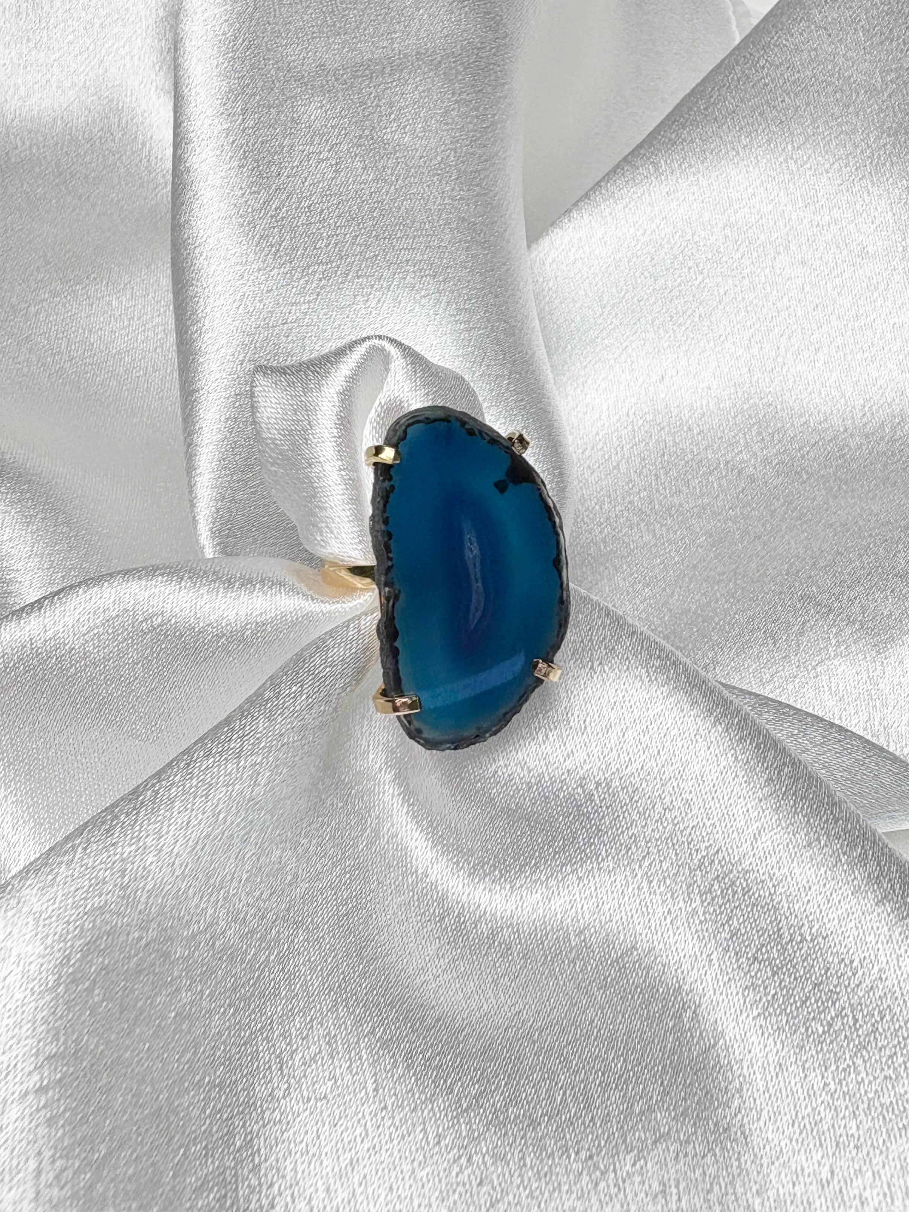 blue agate ring with smaller natural agate plate on 18k gold plated adjustable band handcrafted by AquaBrasil