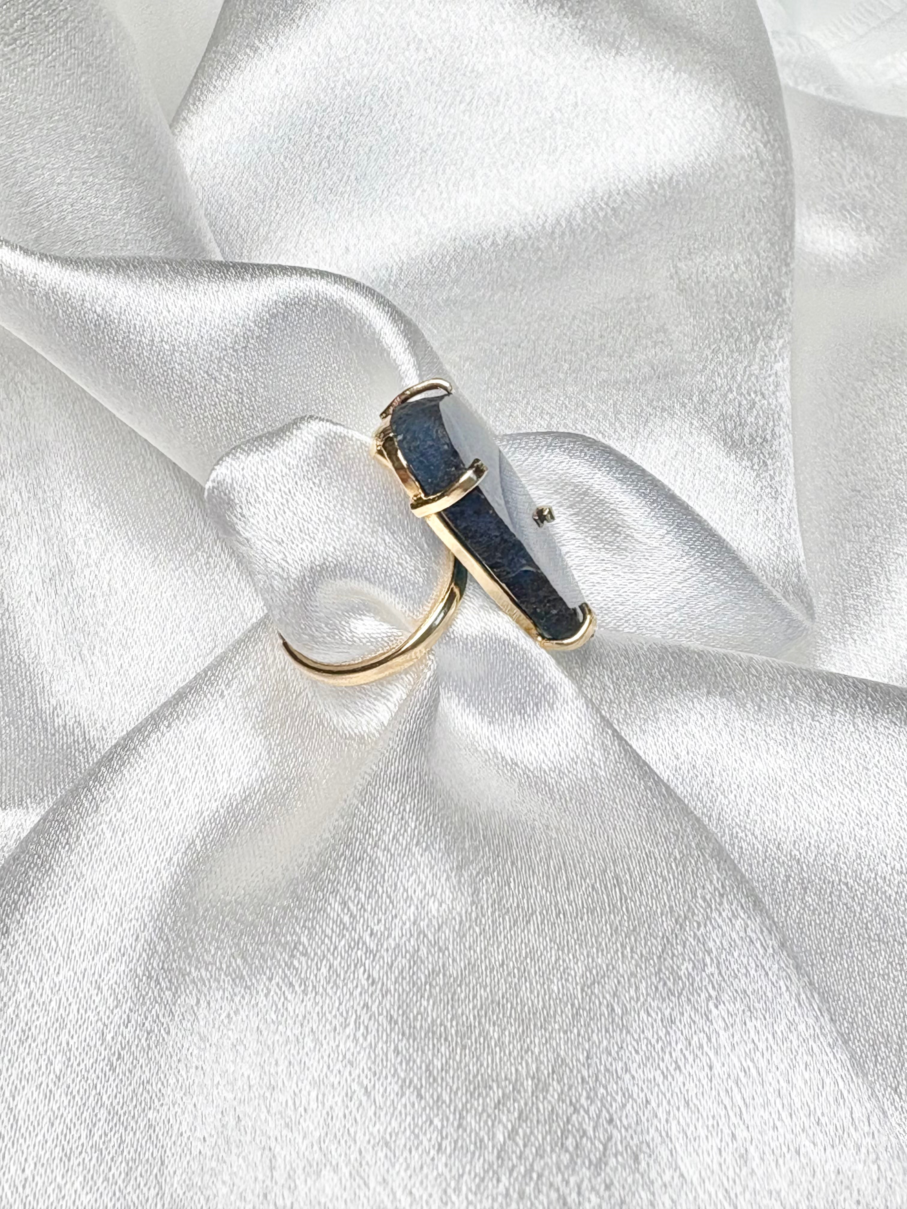 side view of blue agate ring smaller stone on gold plated adjustable band AquaBrasil jewelry