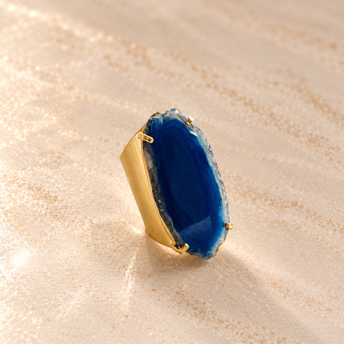 Blue Agate Statement Ring – Adjustable Cuff in 18K Gold Plating