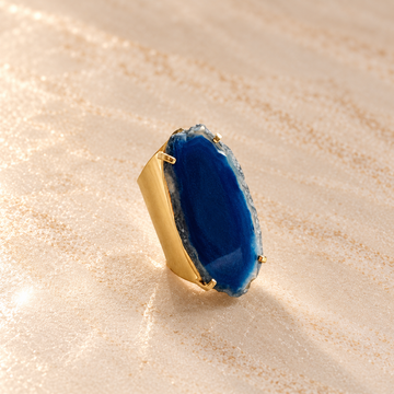 Blue Agate Statement Ring – Adjustable Cuff in 18K Gold Plating