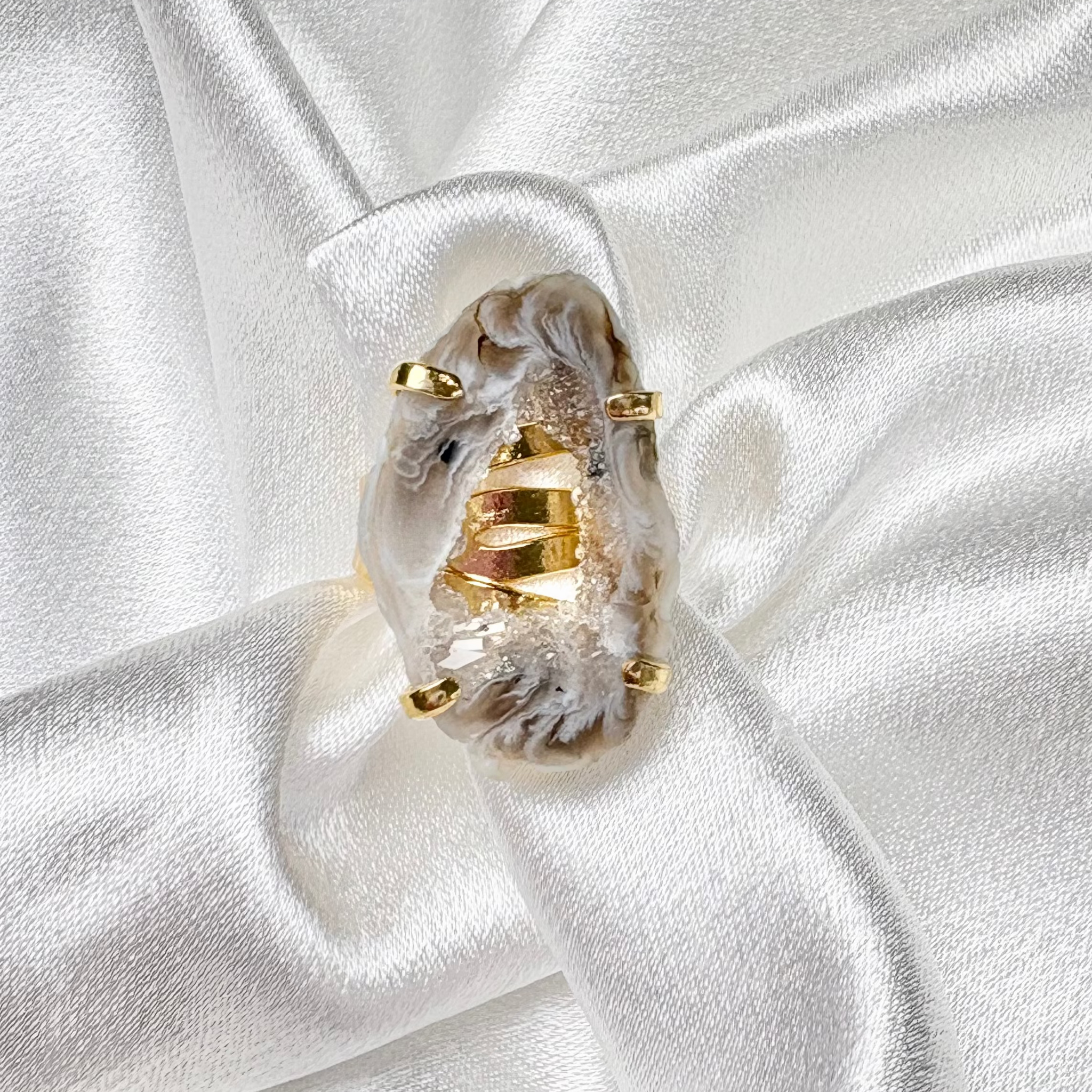 light brown geode slice ring on 18k gold plated adjustable band handcrafted by AquaBrasil