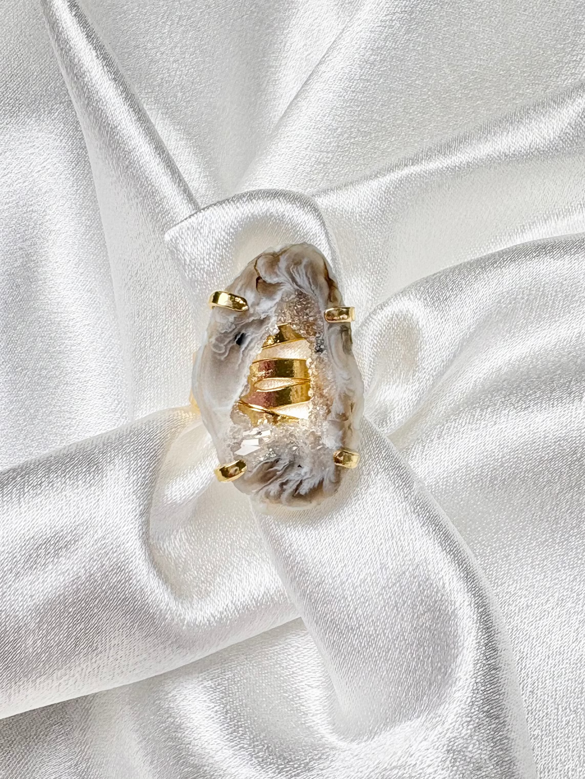 light brown geode slice ring on 18k gold plated adjustable band handcrafted by AquaBrasil