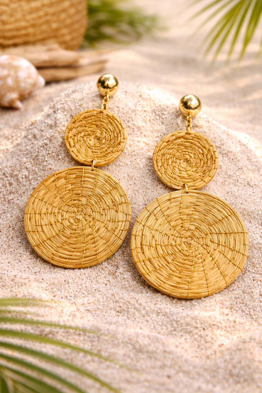 Bruna earrings double golden grass mandala statement earrings with 18k gold plated details AquaBrasil