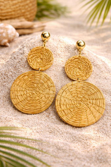 Bruna earrings double golden grass mandala statement earrings with 18k gold plated details AquaBrasil