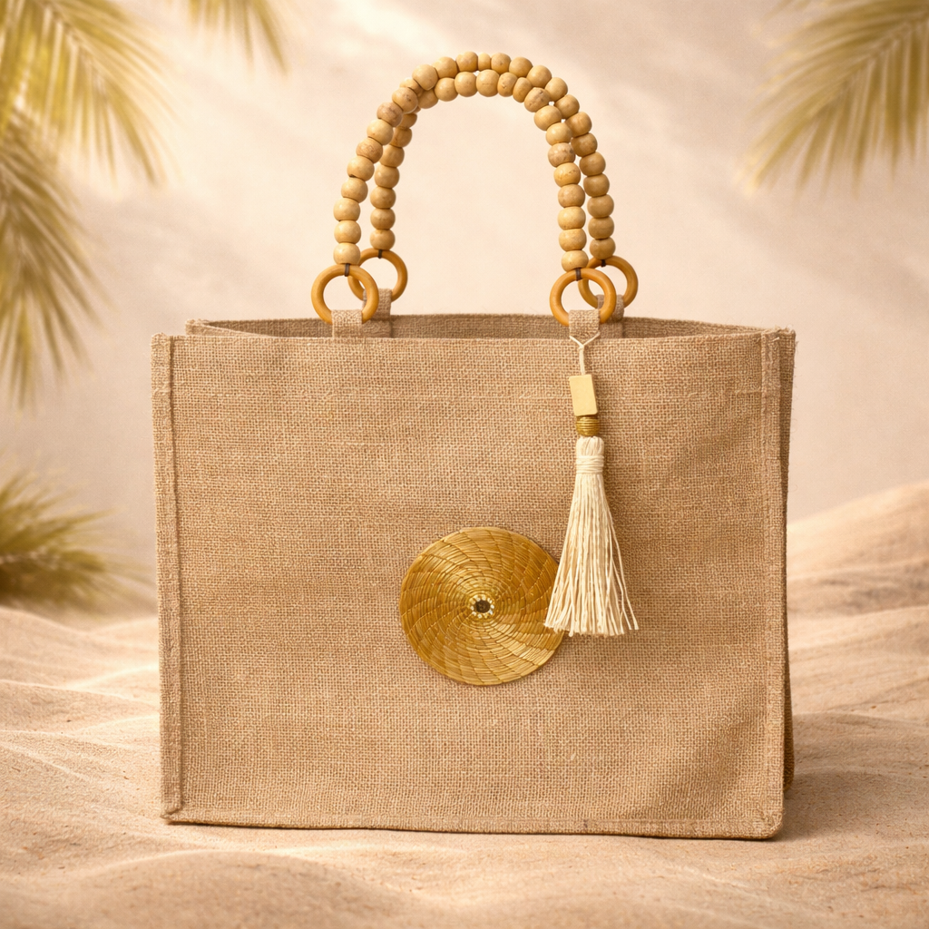 Burlap Tote with Golden Grass Mandala & Crystal Detail