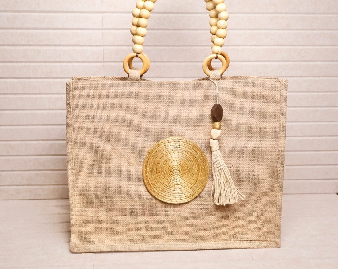 Burlap Tote with Golden Grass Mandala & Wooden Bead Handles