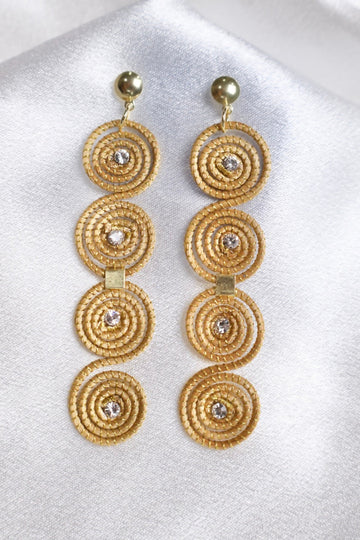 Carnaval earrings handcrafted in golden grass with silver crystal centers elongated Brazilian statement earrings AquaBrasil