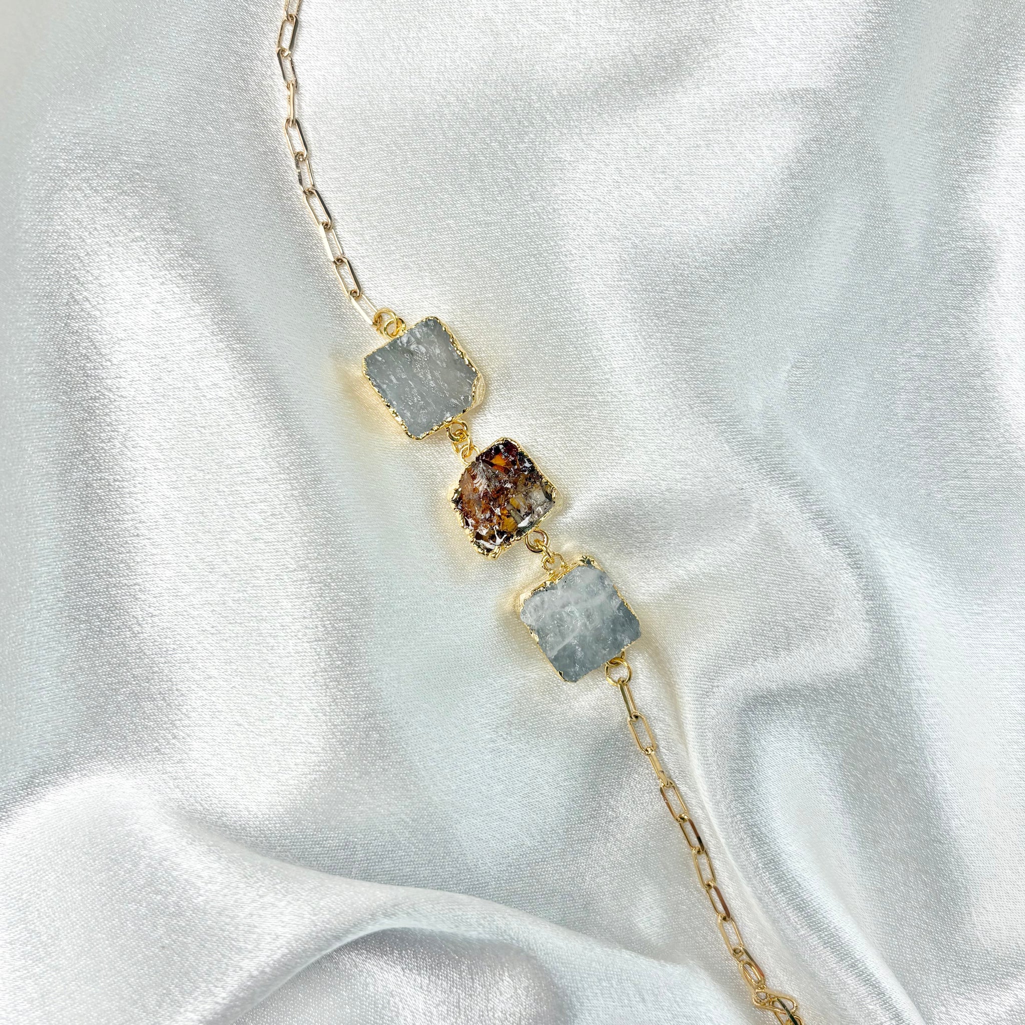 clear quartz and citrine bracelet with three square stones on 18k gold plated chain handcrafted by AquaBrasil