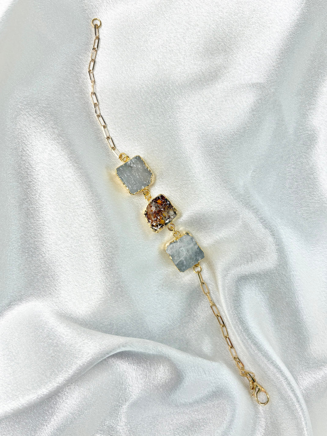 clear quartz and citrine bracelet with three square stones on 18k gold plated chain handcrafted by AquaBrasil