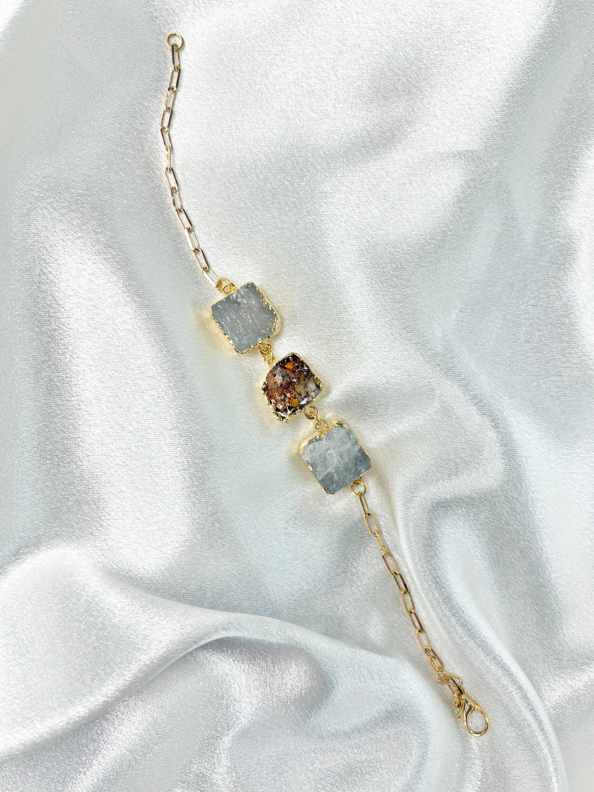 clear quartz and citrine bracelet with three square stones on 18k gold plated chain handcrafted by AquaBrasil