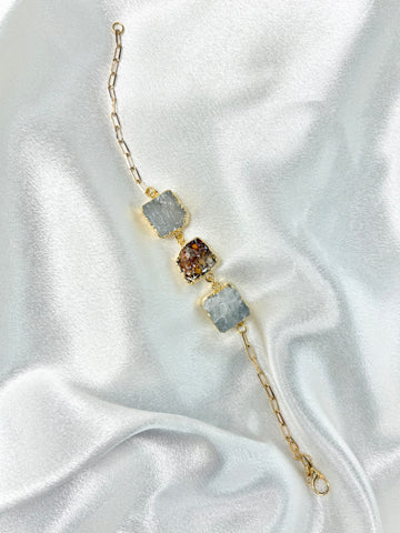 clear quartz and citrine bracelet with three square stones on 18k gold plated chain handcrafted by AquaBrasil