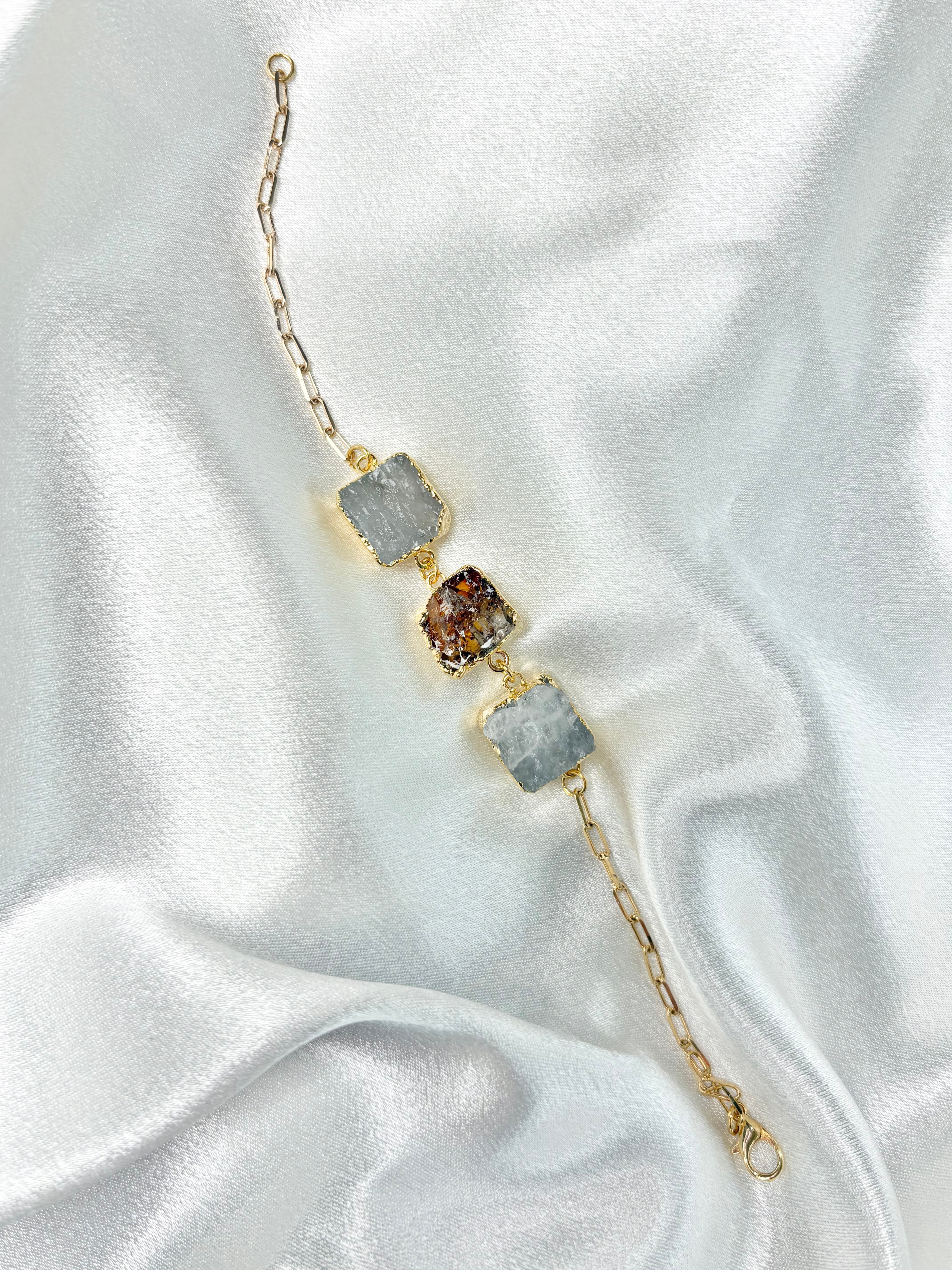 clear quartz and citrine bracelet with three square stones on 18k gold plated chain handcrafted by AquaBrasil