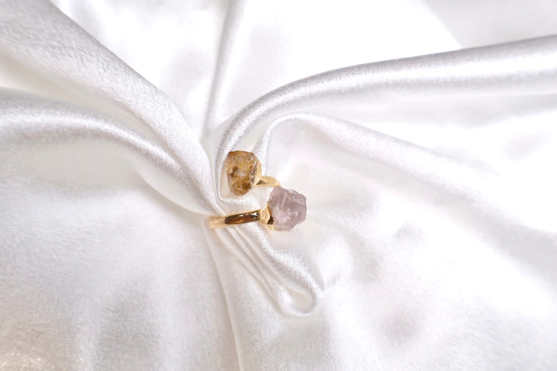 citrine and rose quartz dual stone adjustable ring in 18k gold plating AquaBrasil
