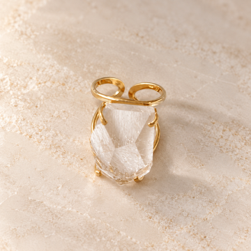 Clear Quartz Statement Ring — 18K Gold Plated, Genuine Natural Gemstone Adjustable Jewelry