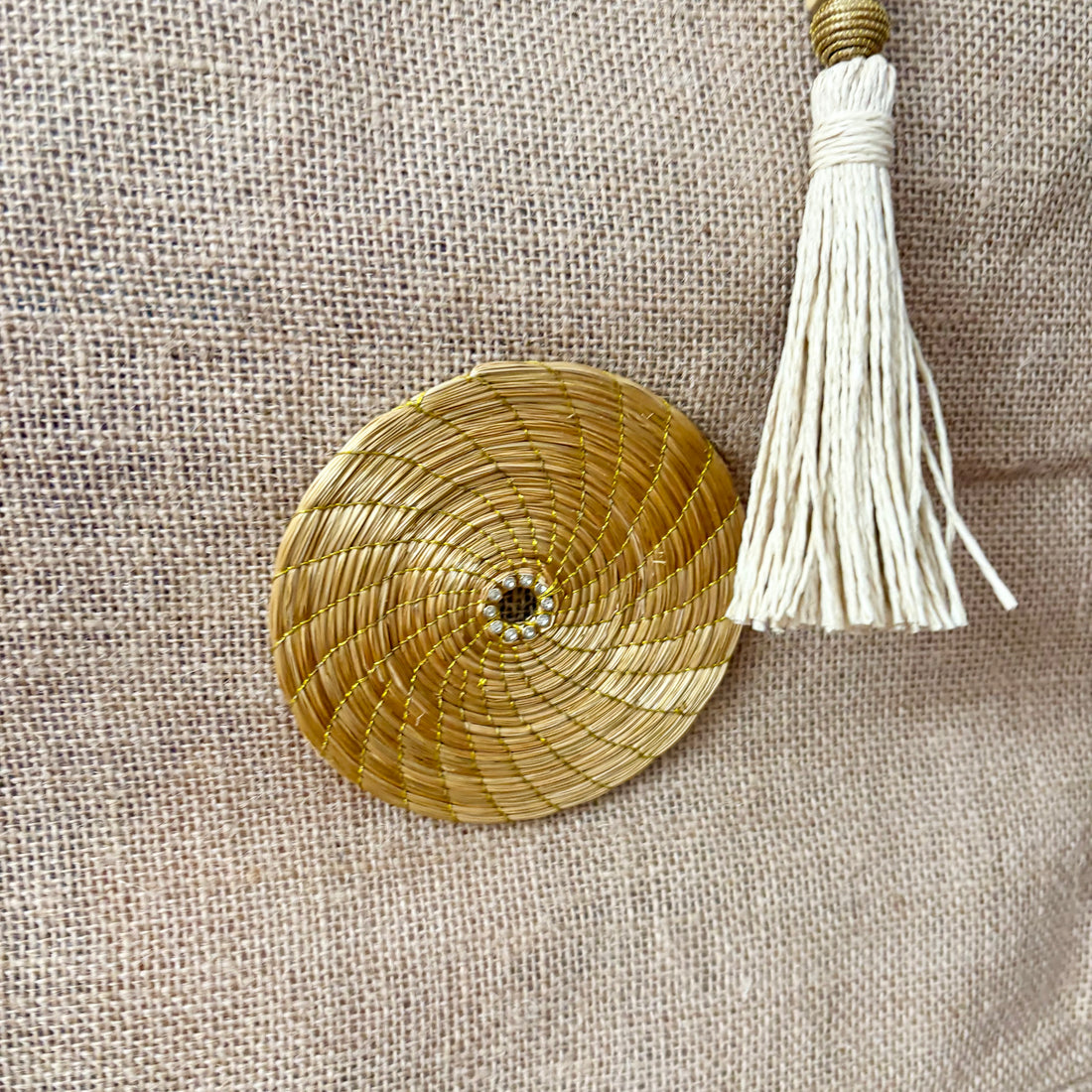 Burlap Tote with Golden Grass Mandala & Crystal Detail