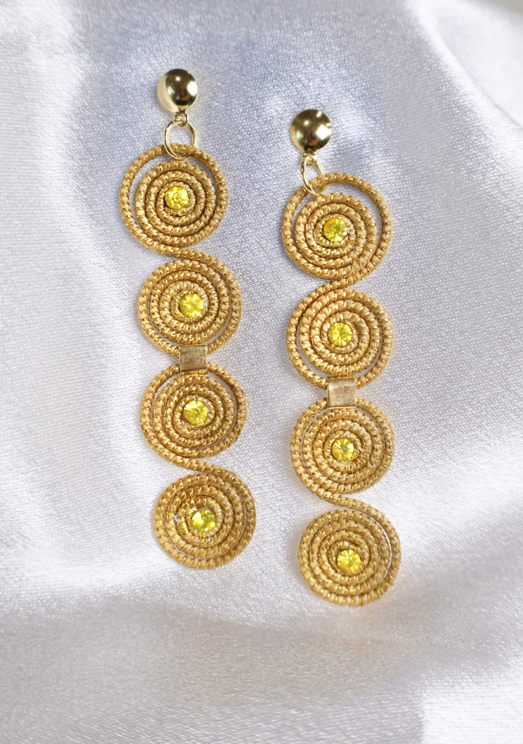 Carnaval earrings handcrafted in golden grass with gold crystal centers elongated Brazilian statement earrings AquaBrasil