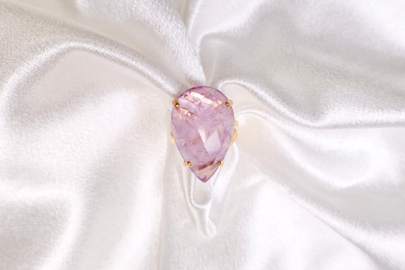 faceted amethyst teardrop ring on 18k gold plated adjustable band AquaBrasil