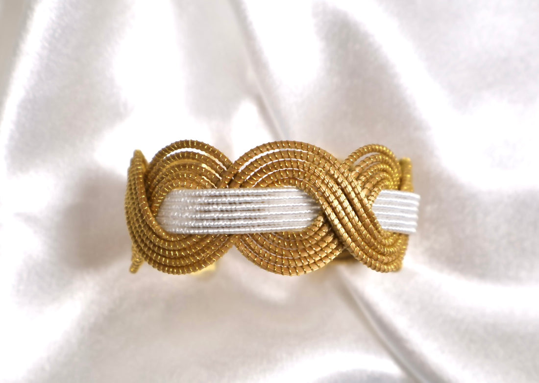 golden grass waves cuff with white thread detail 18k gold plated adjustable AquaBrasil jewelry