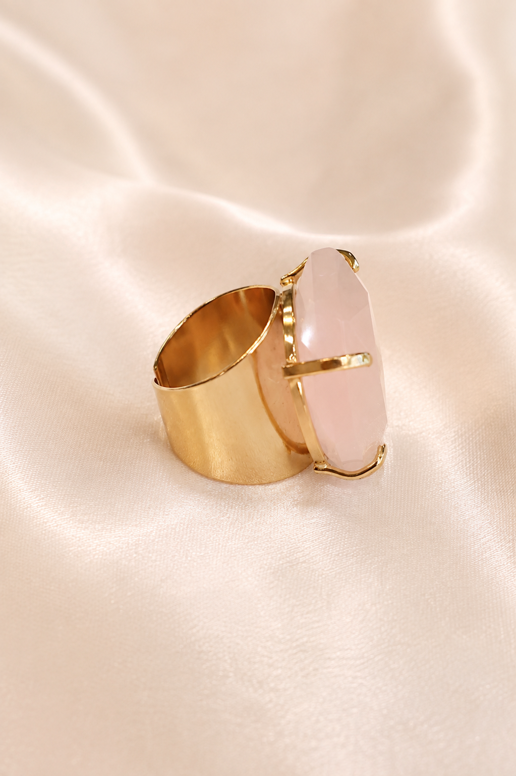 Rose Quartz Cuff Ring — Large Hexagon Faceted Gemstone, 18K Gold Plated