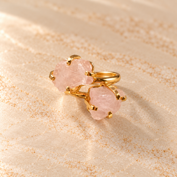 Double Raw Rose Quartz Ring — 18K Gold Plated Statement Jewelry, Adjustable & Hypoallergenic