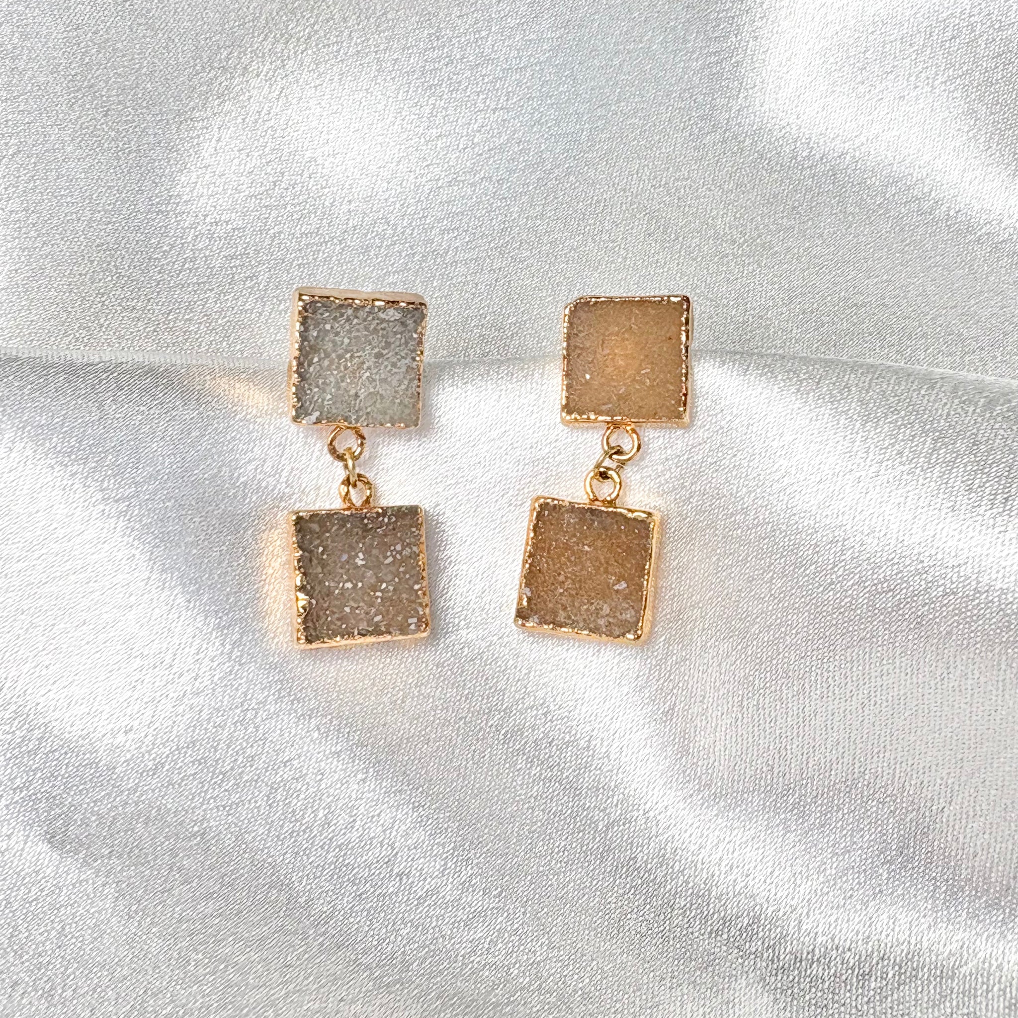 square druzy drop earrings with two sparkling natural stones 18k gold plated handcrafted by AquaBrasil