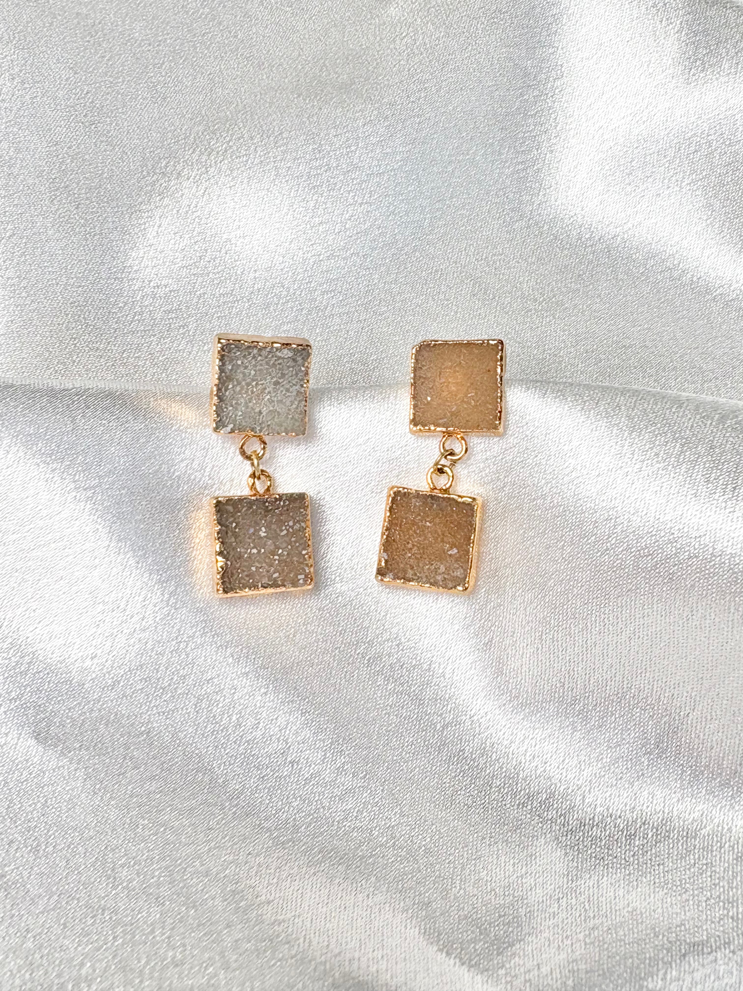square druzy drop earrings with two sparkling natural stones 18k gold plated handcrafted by AquaBrasil