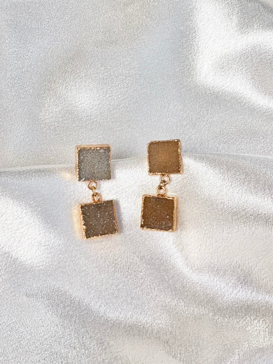 square druzy drop earrings with two sparkling natural stones 18k gold plated handcrafted by AquaBrasil