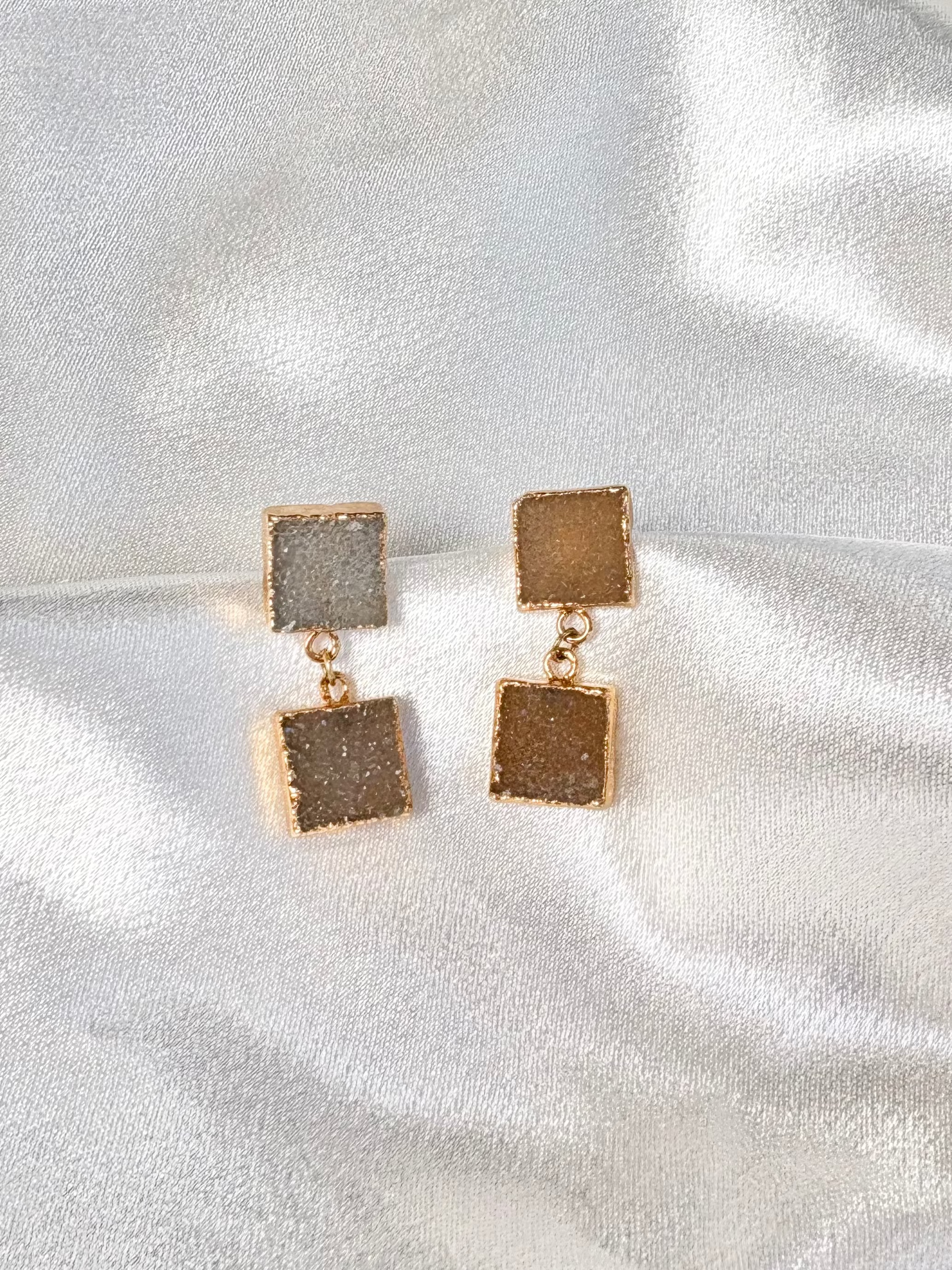 square druzy double stone drop earrings displayed flat 18k gold plated AquaBrasil jewelry