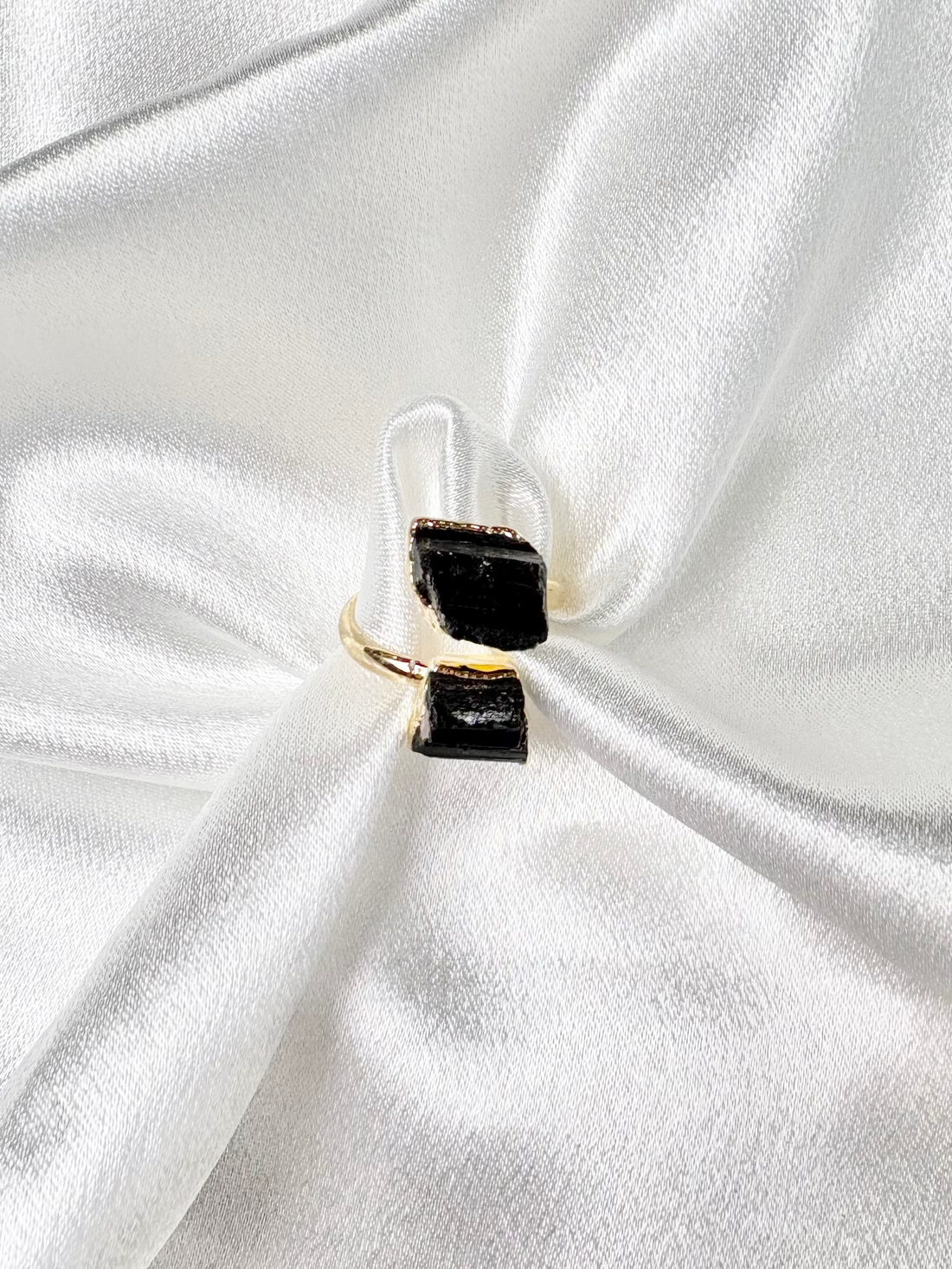 black tourmaline dual ring two stones on 18k gold plated adjustable band handcrafted by AquaBrasil