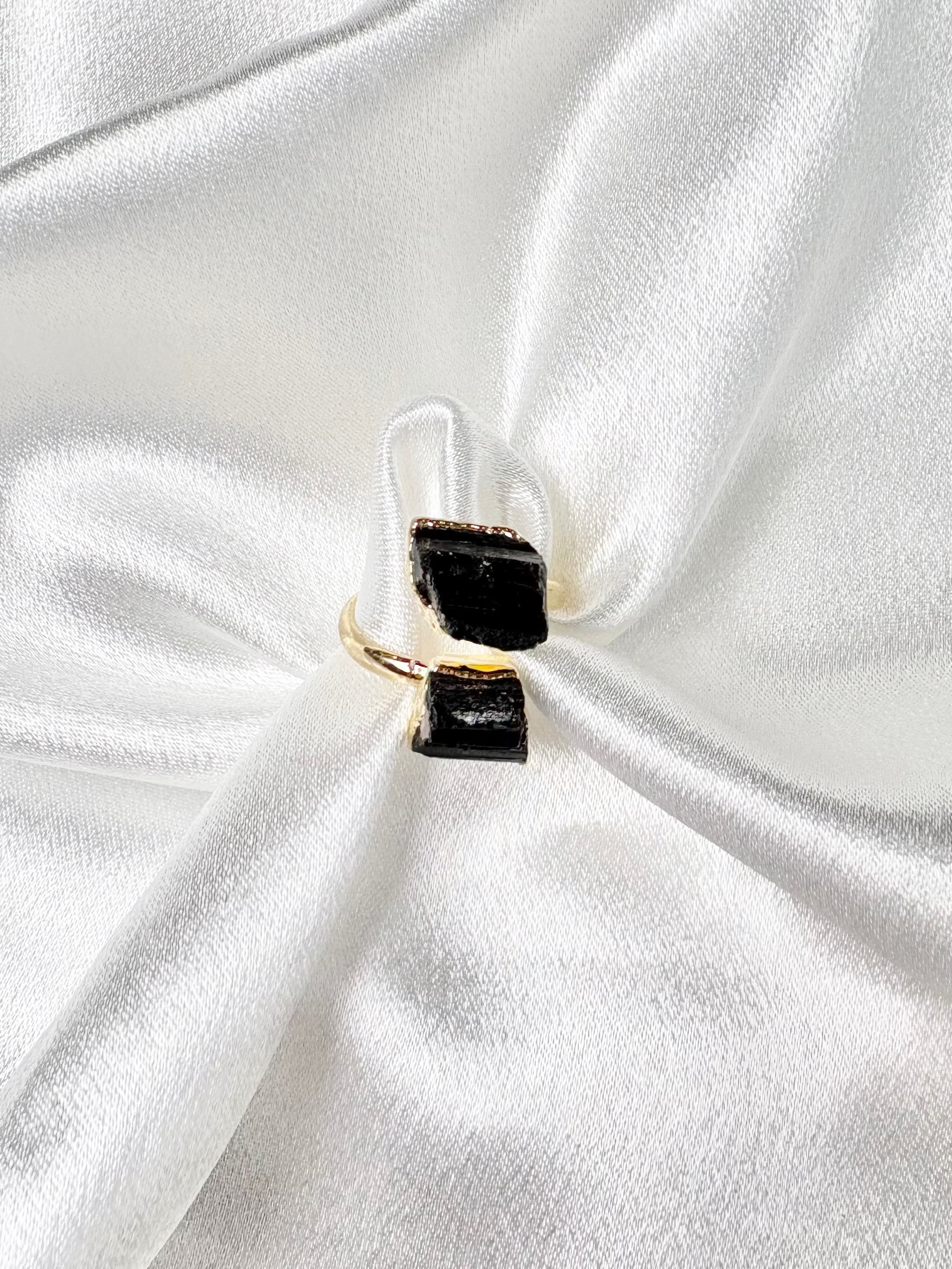 Black tourmaline dual ring with two natural crystals on 18k gold plated adjustable band handcrafted by AquaBrasil