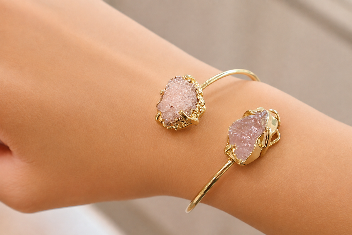 Rose Quartz & Pink Amethyst Bangle Bracelet — Raw Gemstone 18K Gold Plated