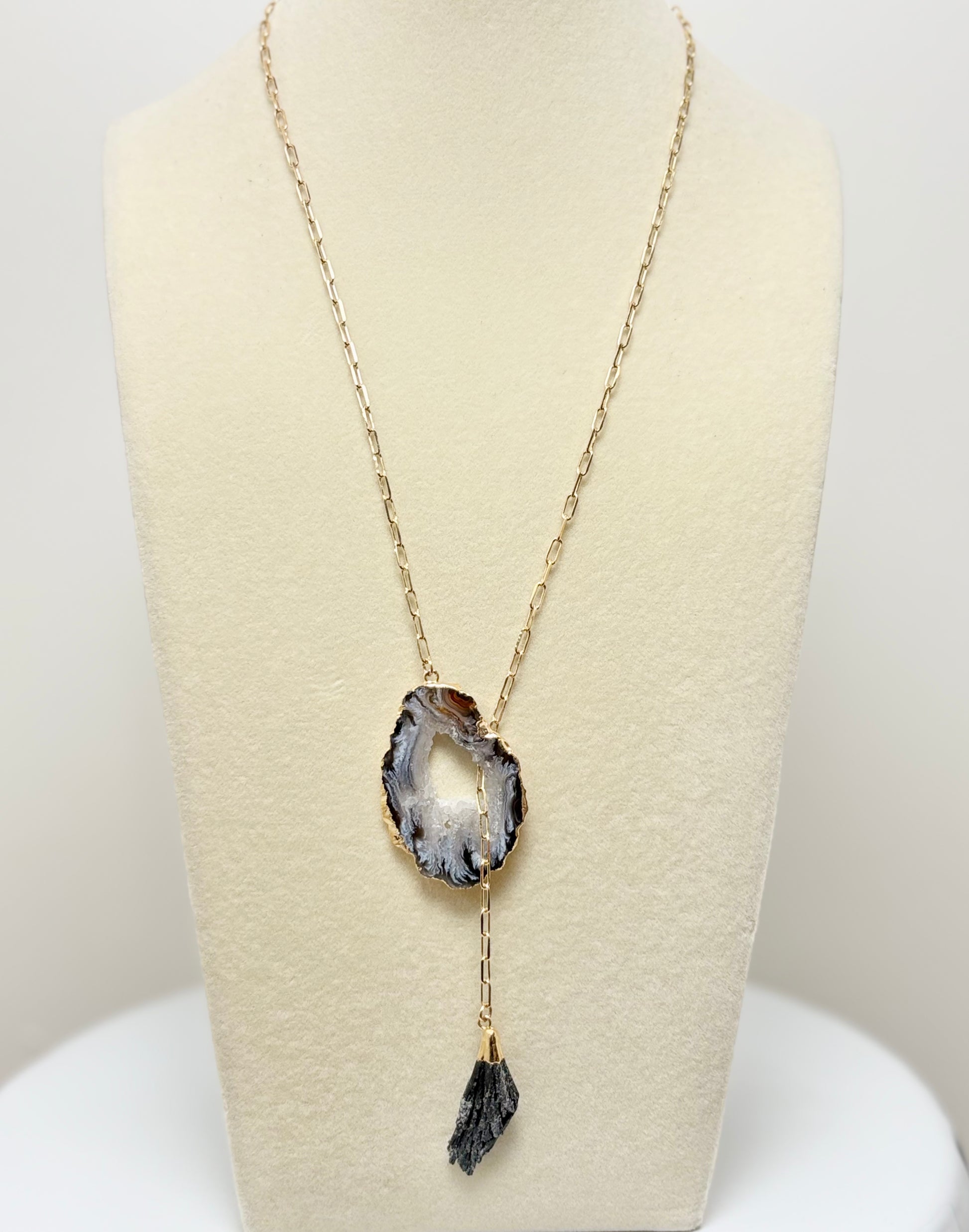 AquaBrasil adjustable geode and black kyanite tie necklace 18k gold plated