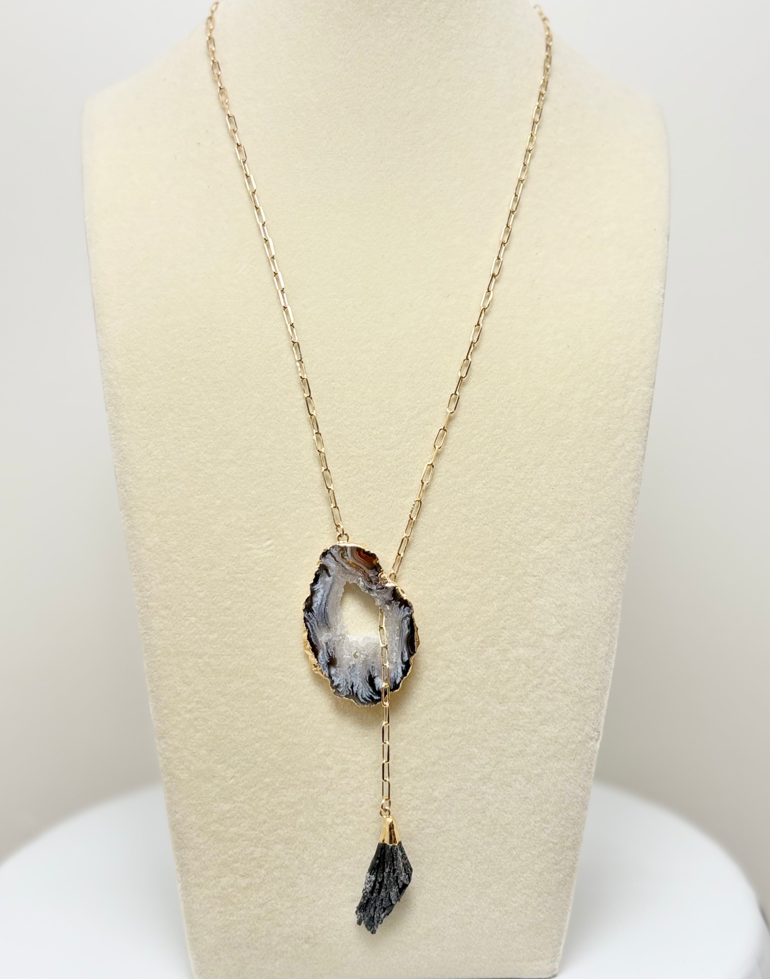 AquaBrasil adjustable geode and black kyanite tie necklace 18k gold plated