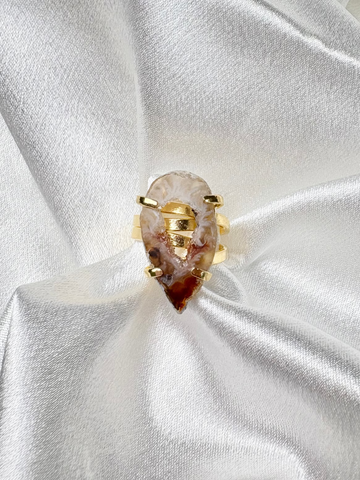 oval light brown and white geode slice ring on 18k gold plated adjustable band handcrafted by AquaBrasil