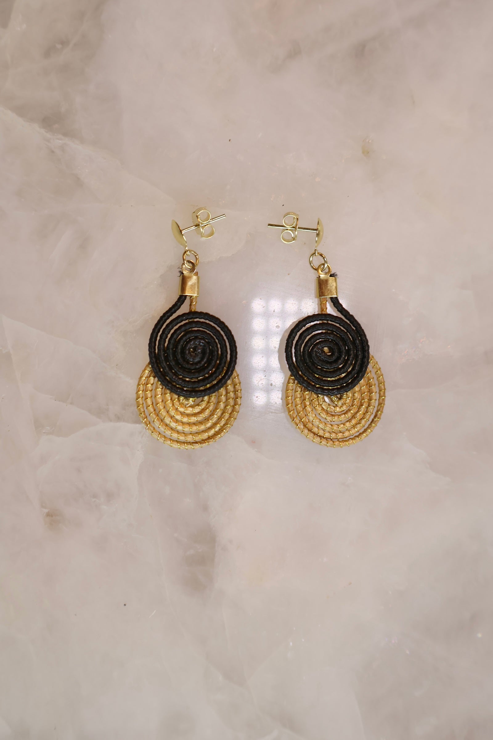 Golden Grass Spiral Drop Earrings – 18K Gold Dipped Brazilian Artisan Earrings