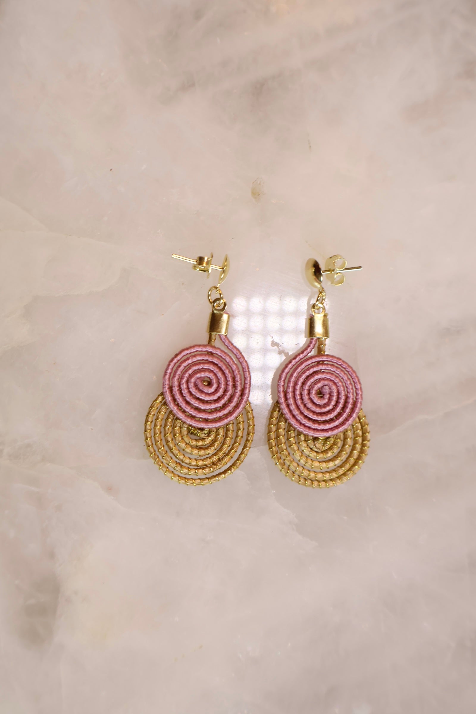 Golden Grass Spiral Drop Earrings – 18K Gold Dipped Brazilian Artisan Earrings