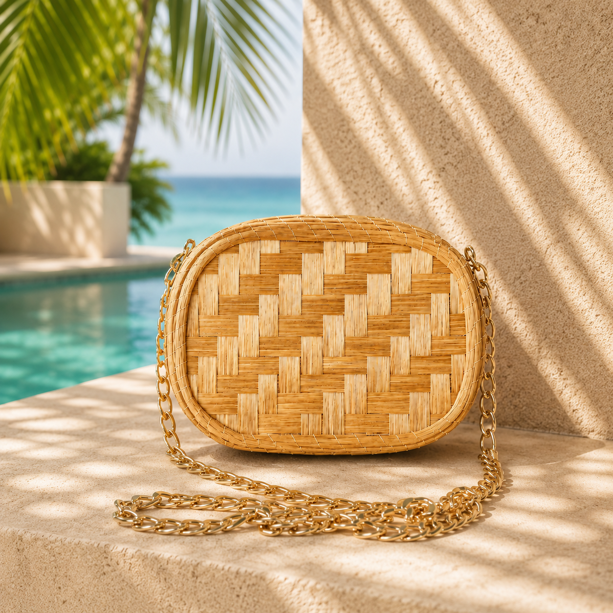 Golden Grass Crossbody Bag – Woven Design with Gold Chain