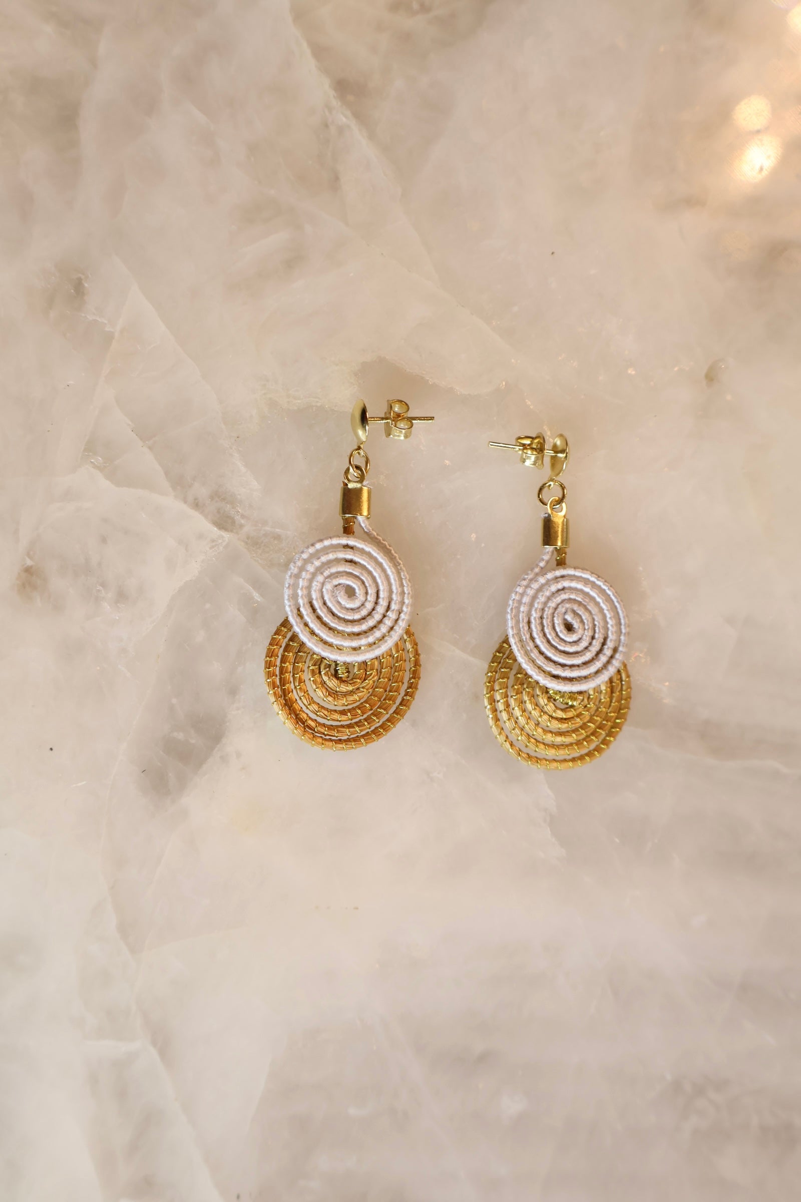 Golden Grass Spiral Drop Earrings – 18K Gold Dipped Brazilian Artisan Earrings