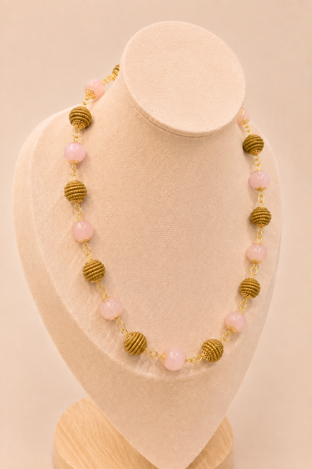 Rose Quartz Golden Energy Necklace — Golden Grass Beads, 18K Gold Plated
