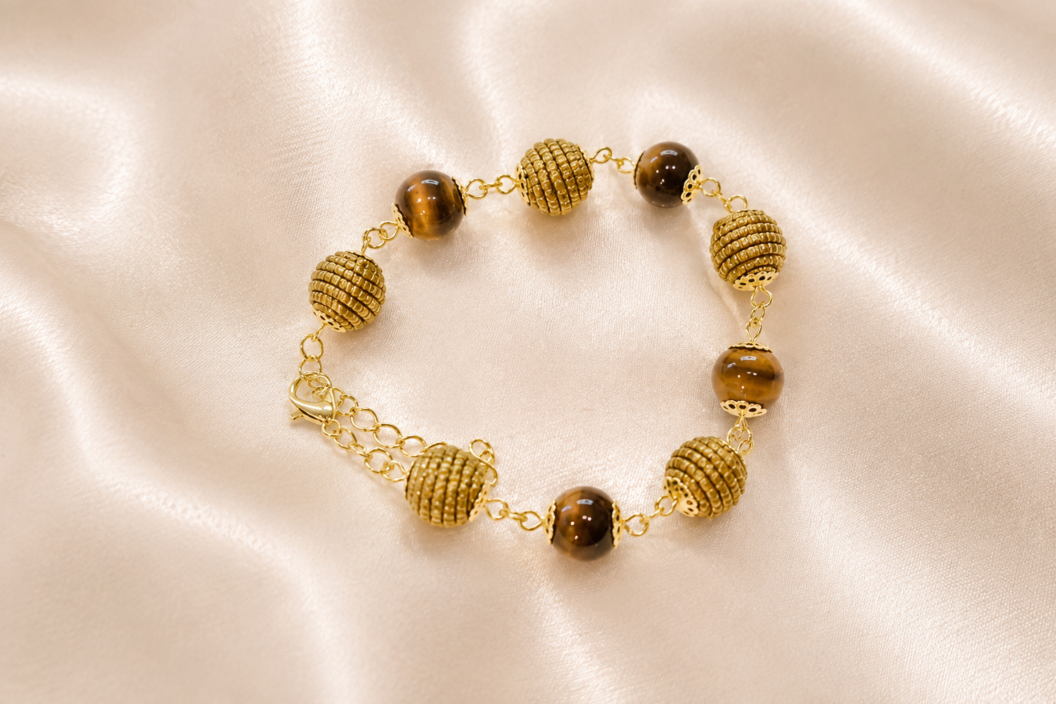 Golden Energy Bracelet — Handwoven Golden Grass & Genuine Gemstone Beads with 18K Gold Plated Accents