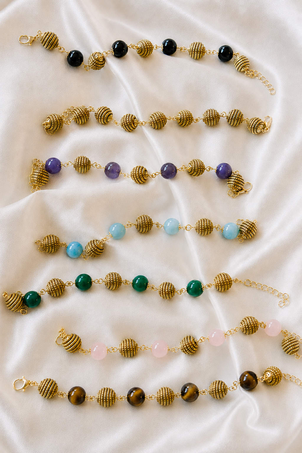 Brazilian Golden Grass bead bracelets with natural Amethyst, Rose Quartz, Amazonite, Onyx, Agate and Tiger Eye gemstones