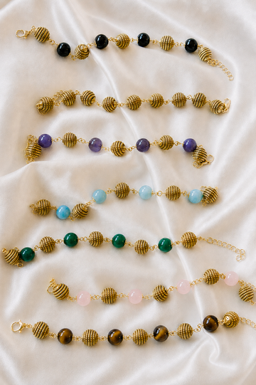 Brazilian Golden Grass bead bracelets with natural Amethyst, Rose Quartz, Amazonite, Onyx, Agate and Tiger Eye gemstones