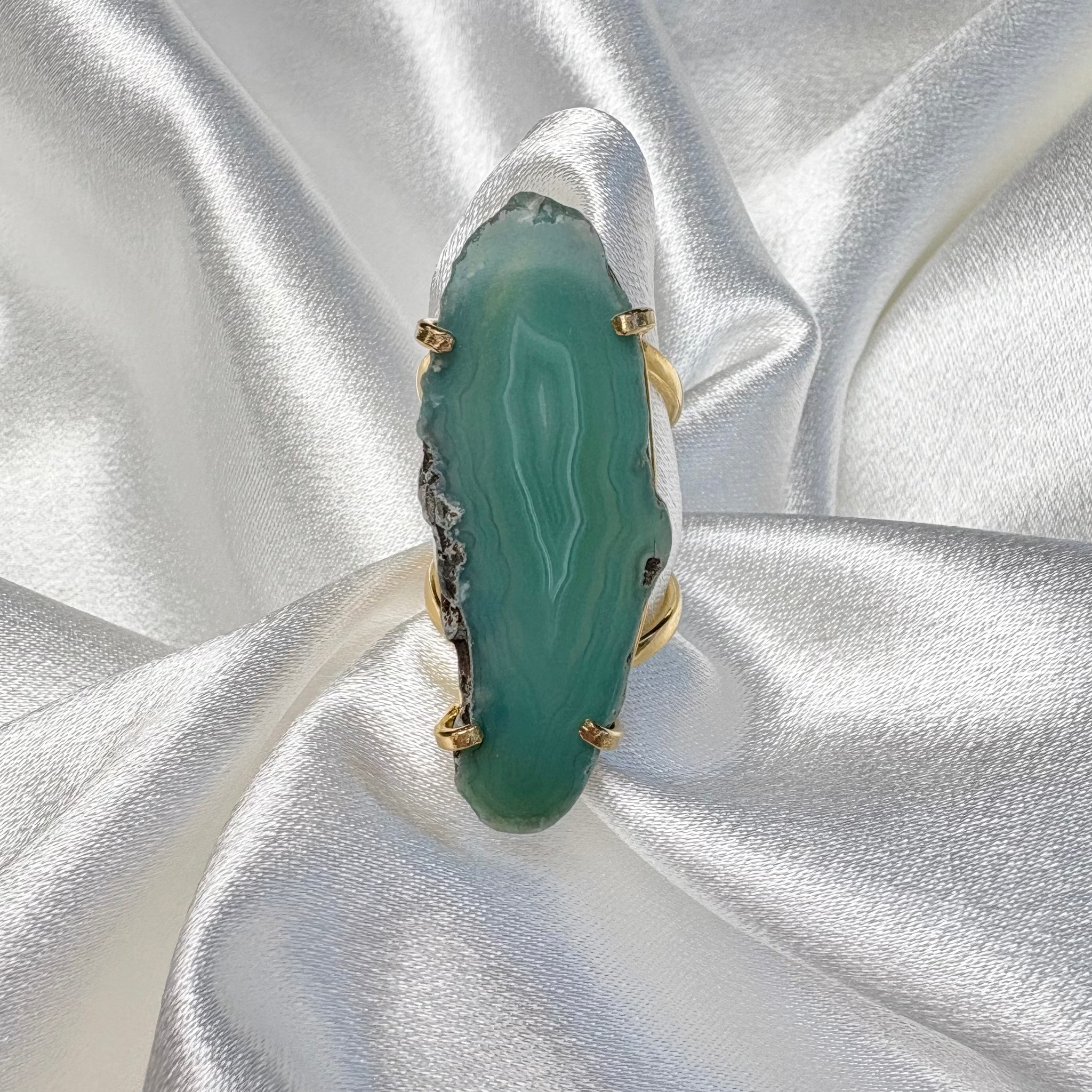 light green agate statement ring organic shaped stone on 18k gold plated adjustable band handcrafted by AquaBrasil