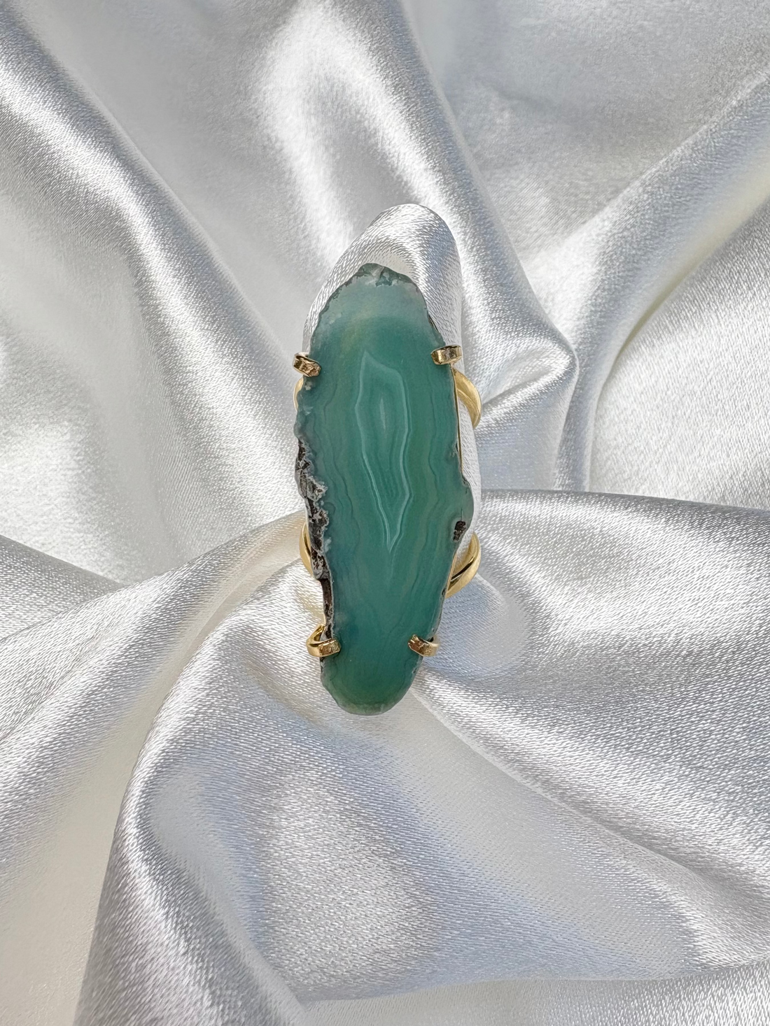 light green agate statement ring organic shaped stone on 18k gold plated adjustable band handcrafted by AquaBrasil