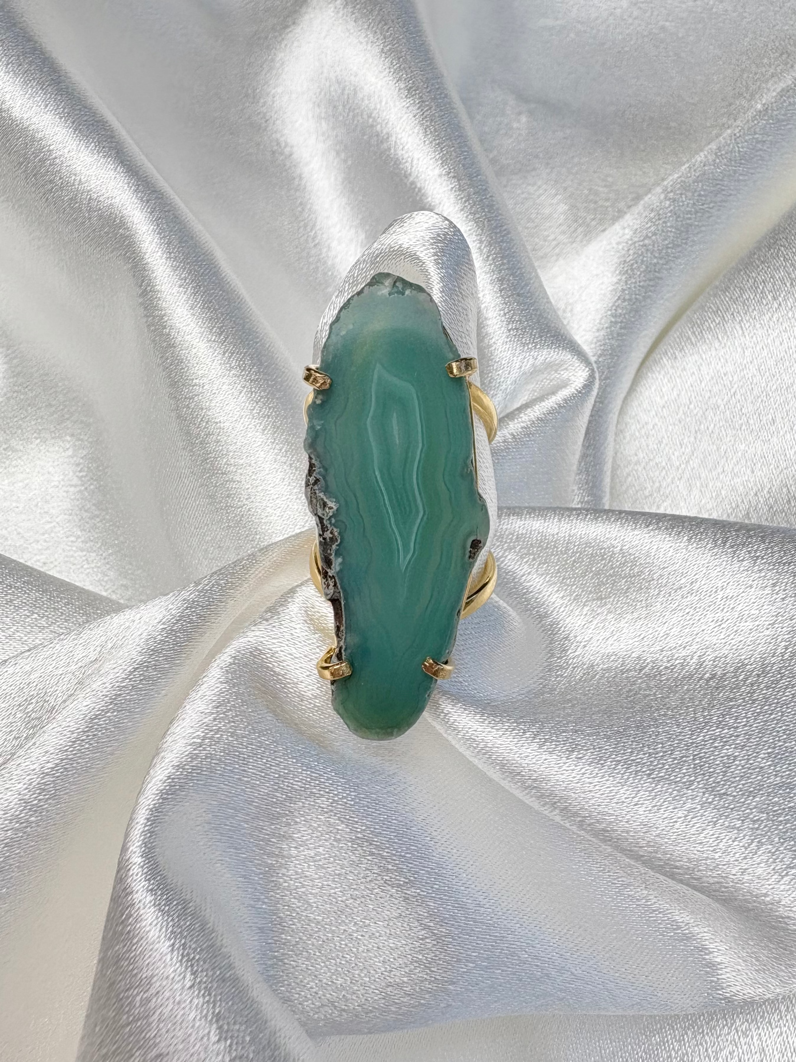 light green agate statement ring organic shaped stone on 18k gold plated adjustable band handcrafted by AquaBrasil