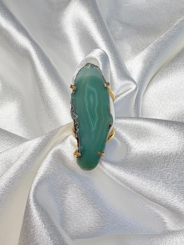 light green agate statement ring organic shaped stone on 18k gold plated adjustable band handcrafted by AquaBrasil