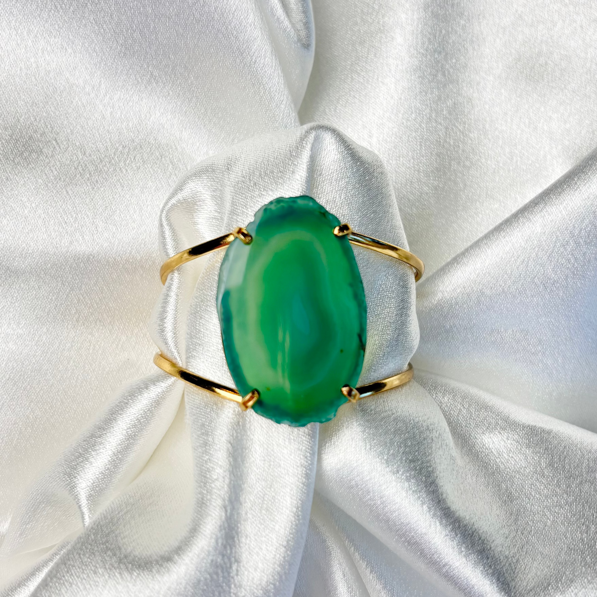 green agate slice cuff statement bracelet adjustable 18k gold plated handcrafted by AquaBrasil jewelry
